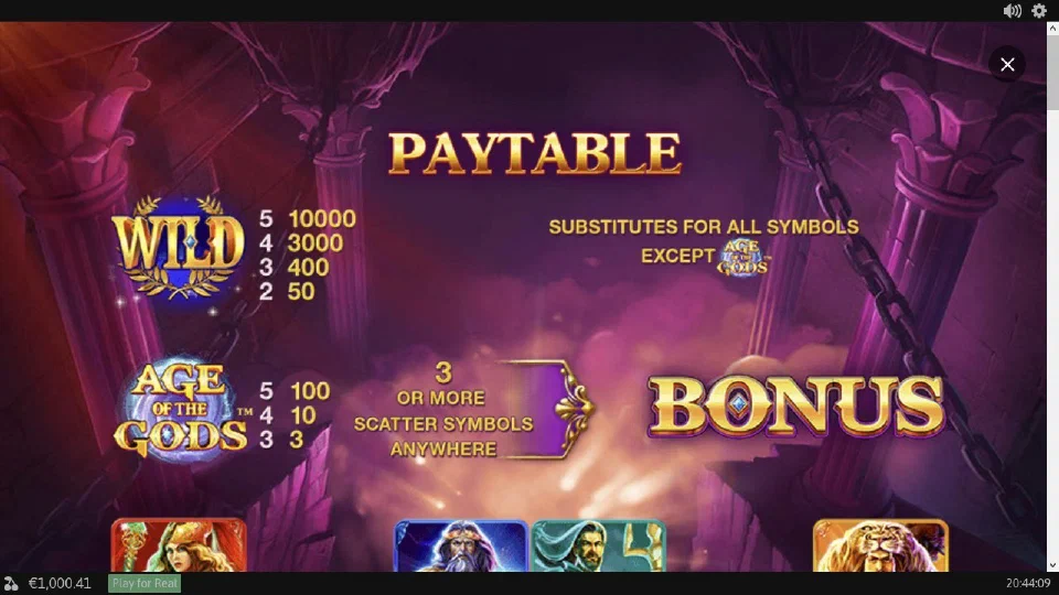 Tabla de pagos de Age of the Gods con Wild, scatter y símbolo Bonus