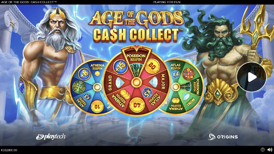 Zeus y Poseidón junto a las tres ruedas de Age of the Gods Cash Collect